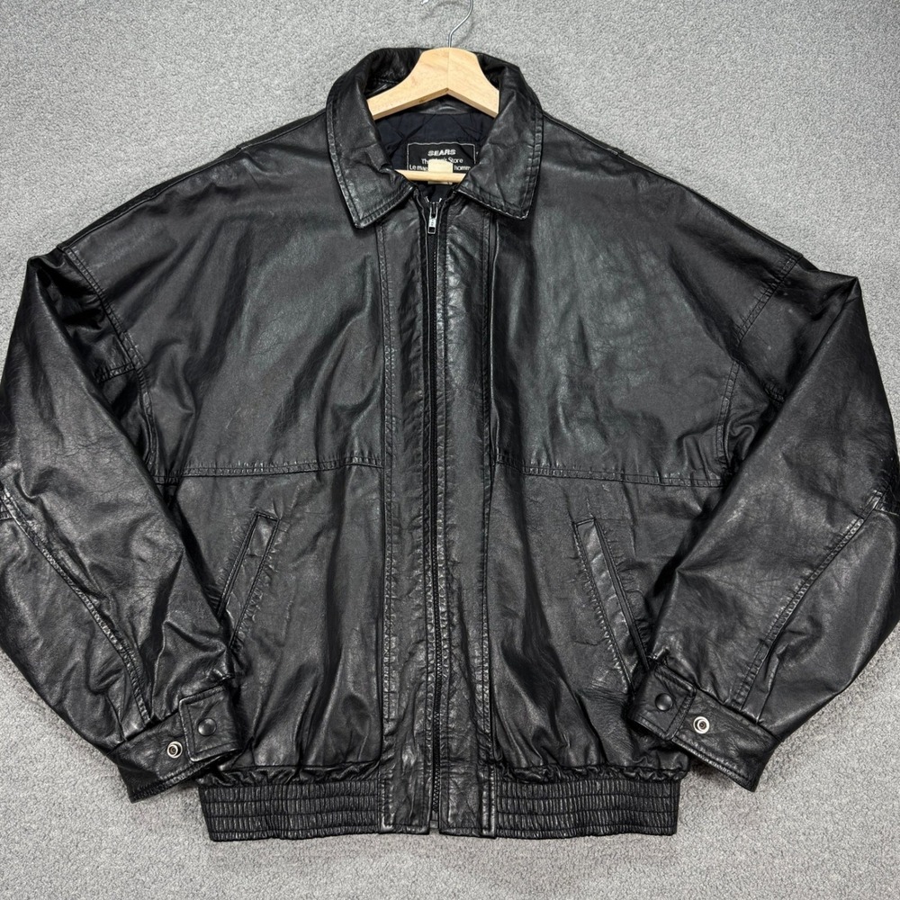 Vintage SEARS Leather Jacket Men's Large Black Quilted Lined Bomber Biker Canada